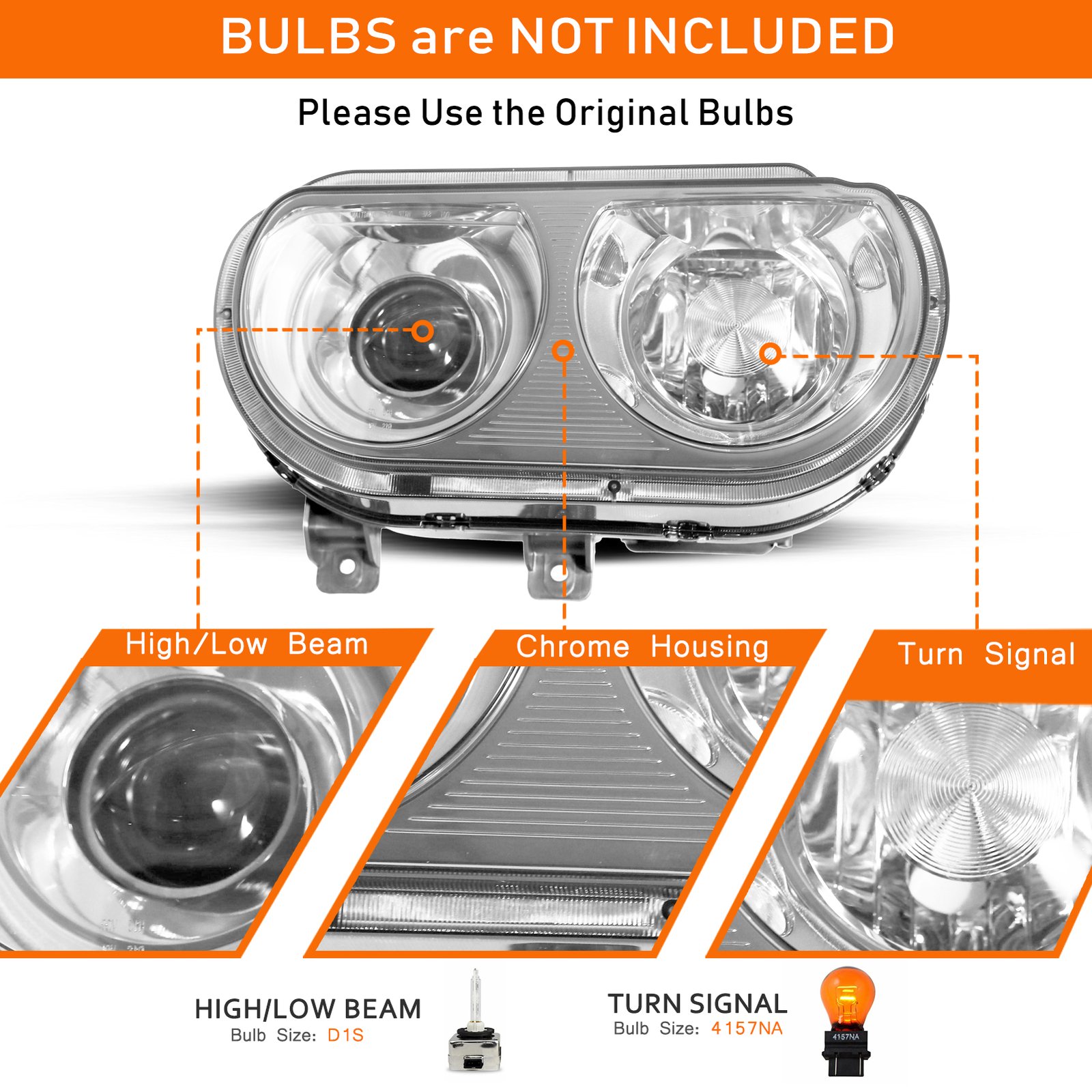 Buy 2008-2014 Dodge Challenger Headlight HID Projector Chrome Pair Headlamps L+R - Image 2
